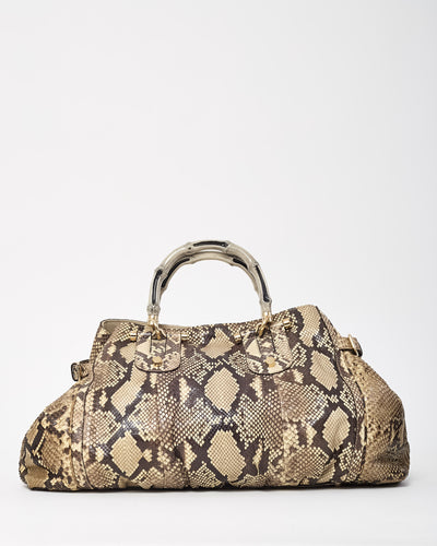 Gucci Grey/Beige Python Snakeskin Leather Bamboo Pop Large Satchel Bag