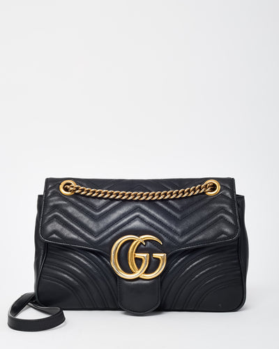 Gucci Black Matelassé Leather Medium GG Marmont Shoulder Bag GHW