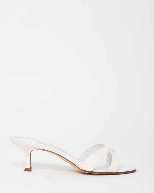 Manolo Blahnik White Leather and Pink Snakeskin Callamu 50mm Sandals - 41