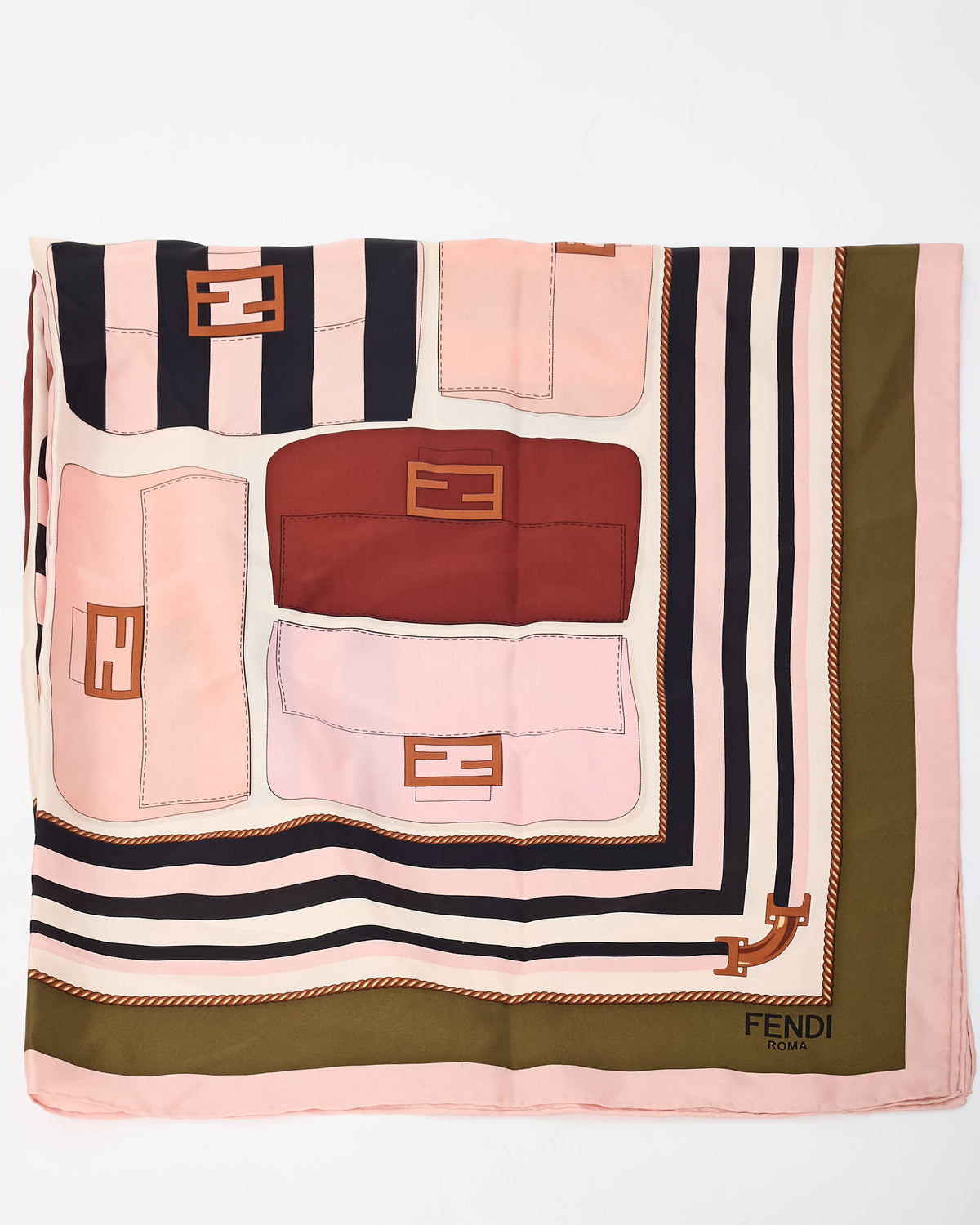 Fendi Pink/Green/Beige Baguette Printed 90cm Silk Scarf