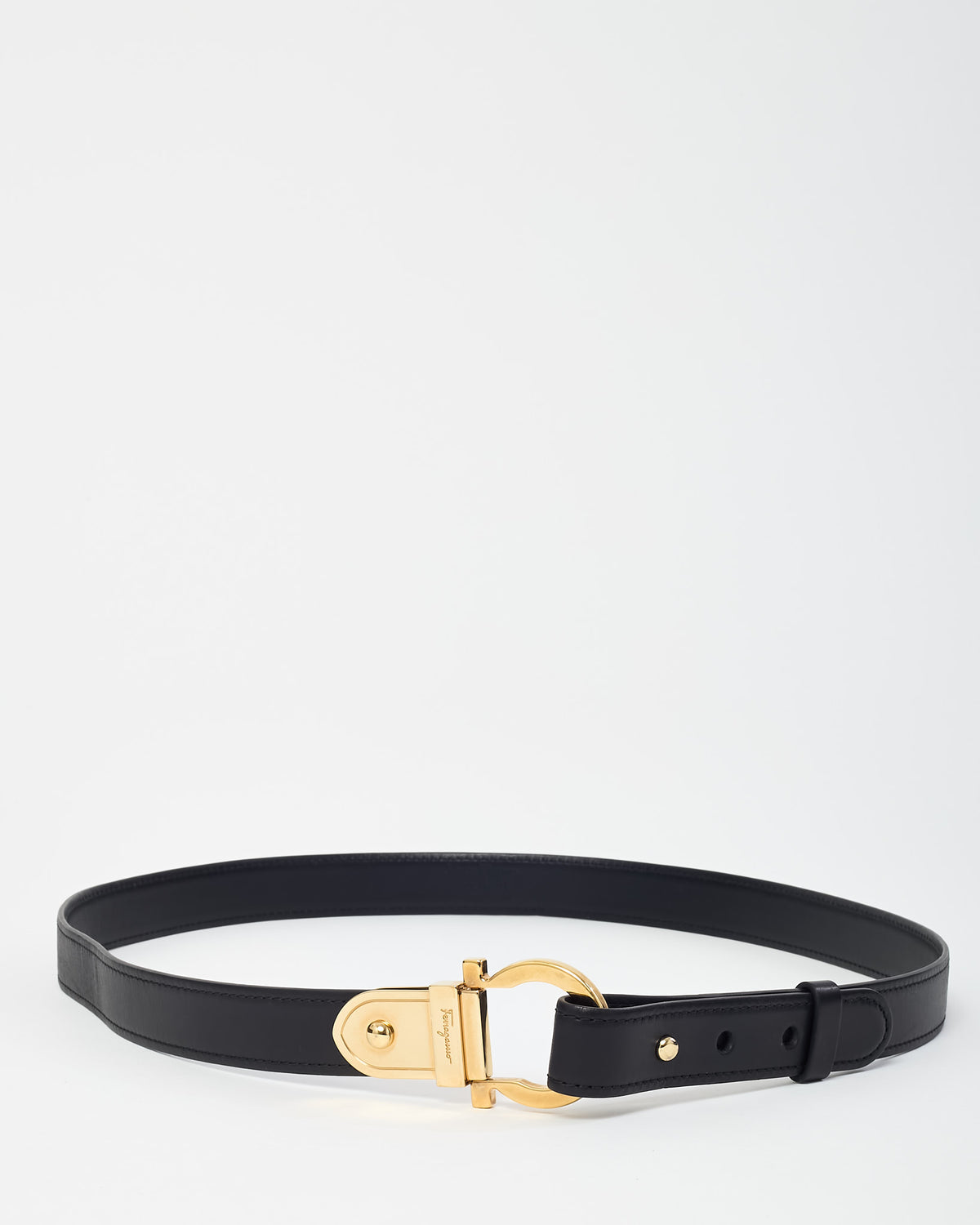 Salvatore Ferragamo Black Leather GHW Gancini Buckle Thin Belt - 100