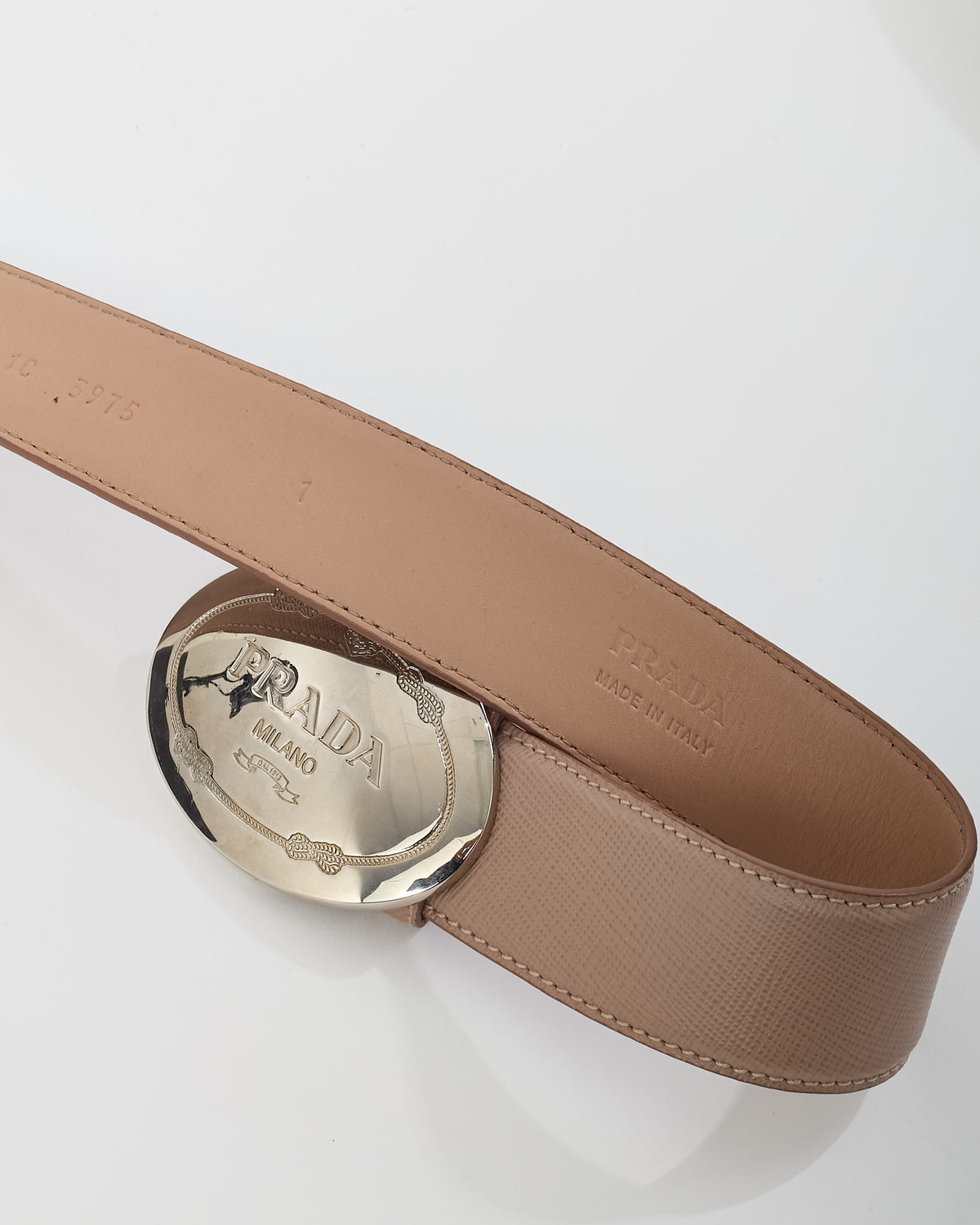 Prada Beige Saffiano Leather Silver Oval Logo Plaque Buckle Belt - 85/34