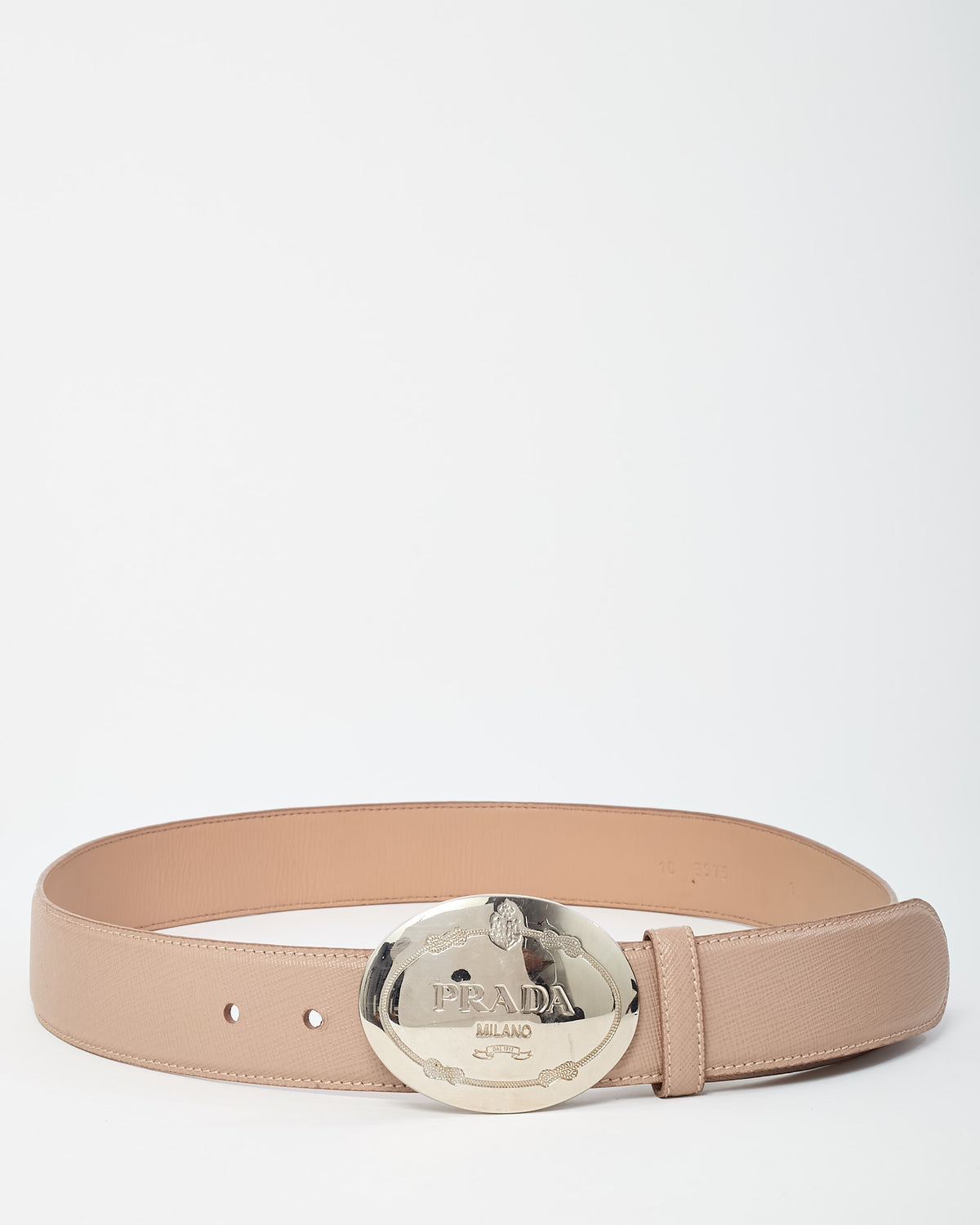 Prada Beige Saffiano Leather Silver Oval Logo Plaque Buckle Belt - 85/34