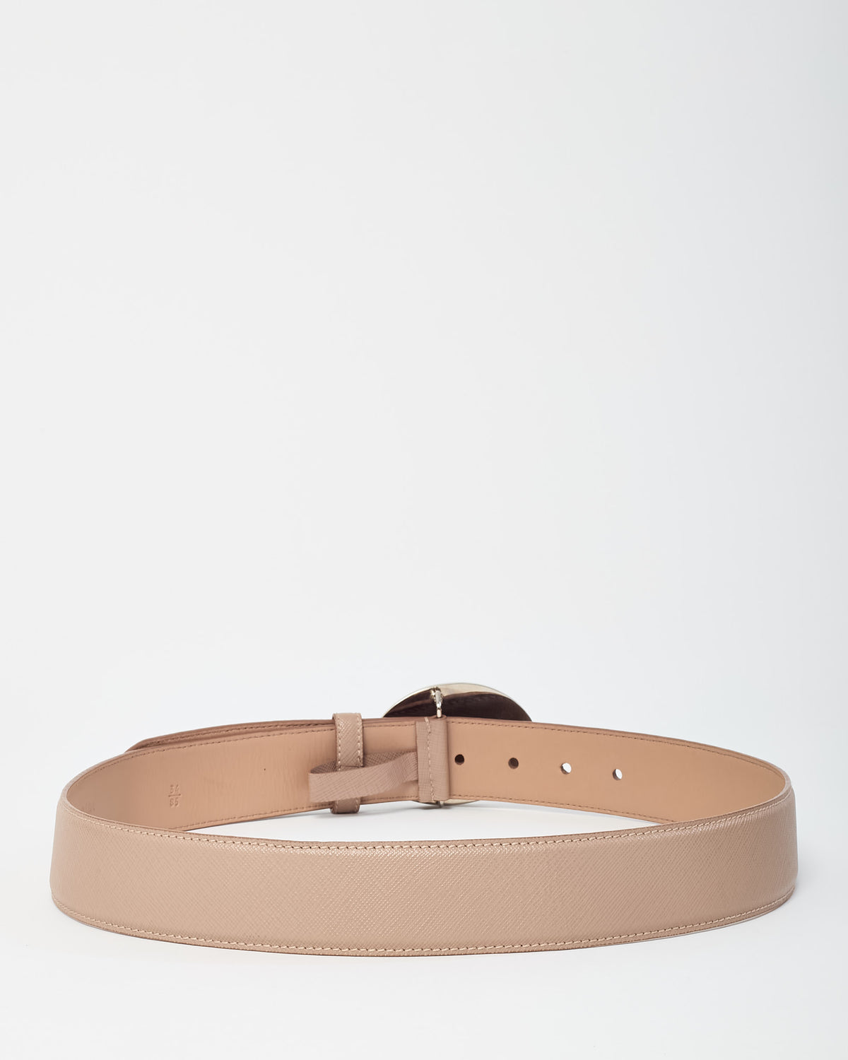 Prada Beige Saffiano Leather Silver Oval Logo Plaque Buckle Belt - 85/34