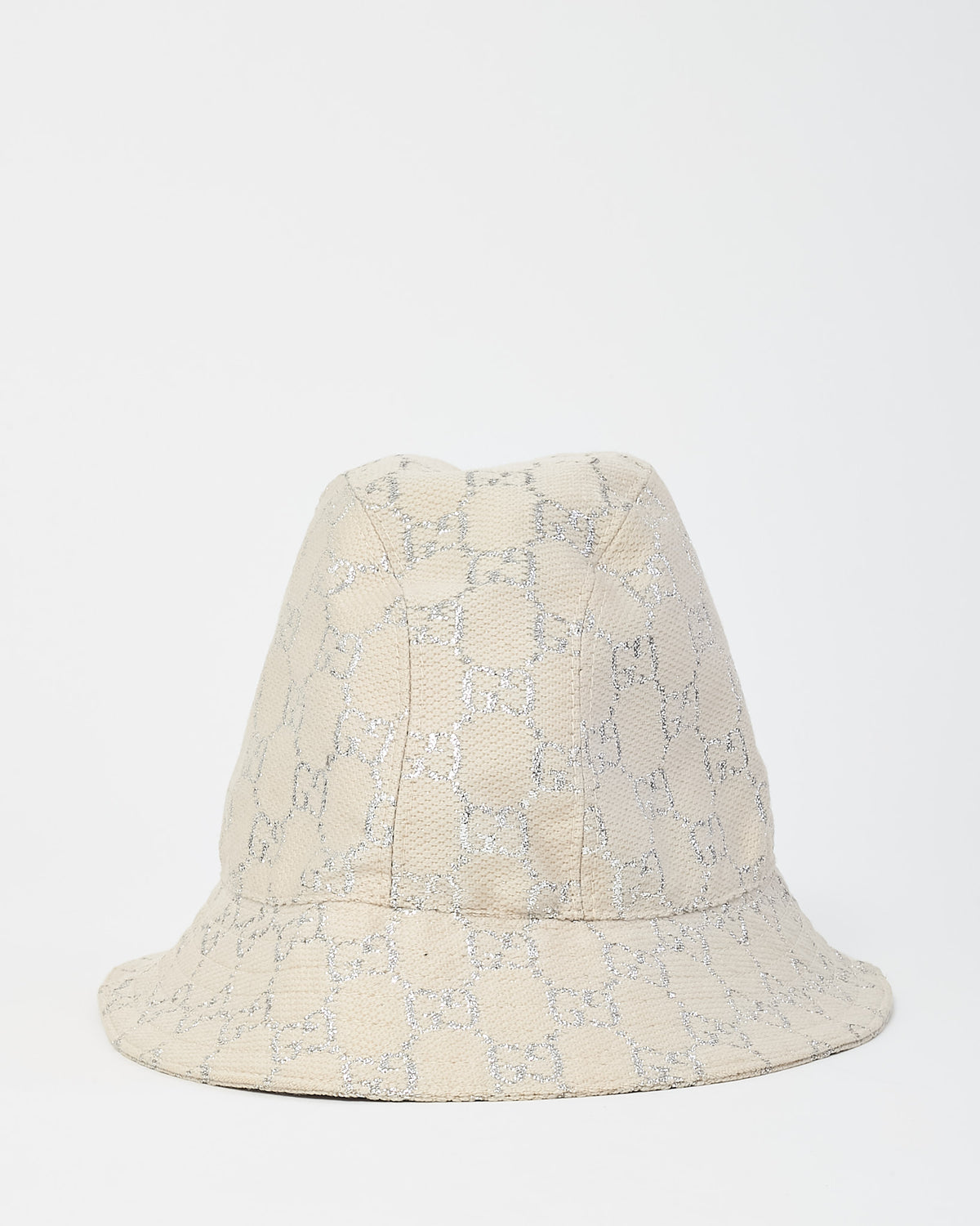 Gucci Neutral Beige Wool Knit Siver Lame GG Monogram Bucket Hat - S