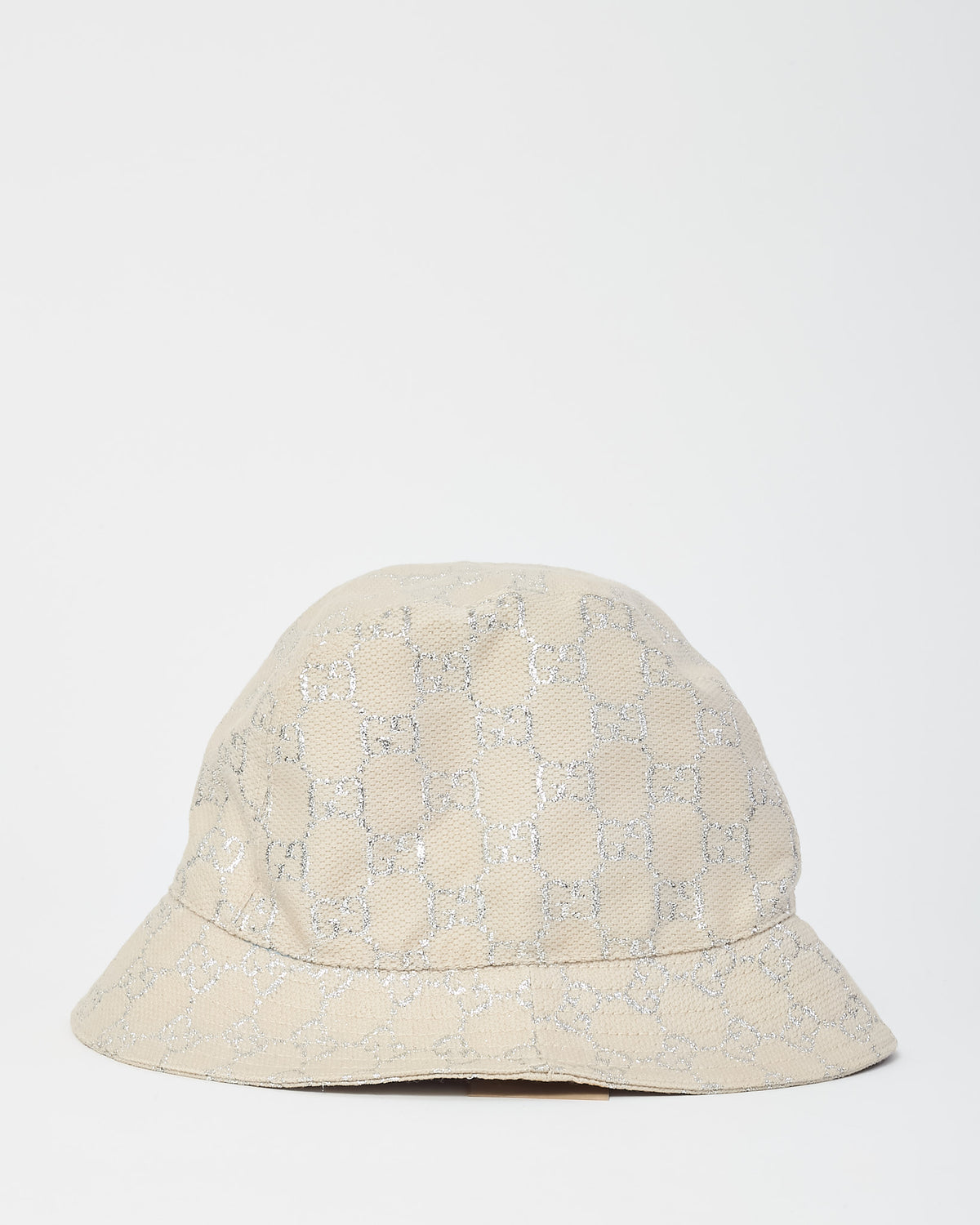 Gucci Neutral Beige Wool Knit Siver Lame GG Monogram Bucket Hat - S