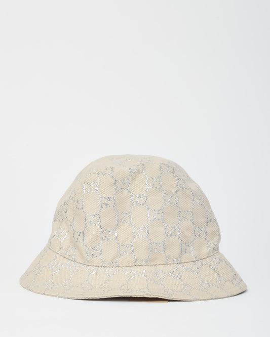 Gucci Neutral Beige Wool Knit Siver Lame GG Monogram Bucket Hat - S