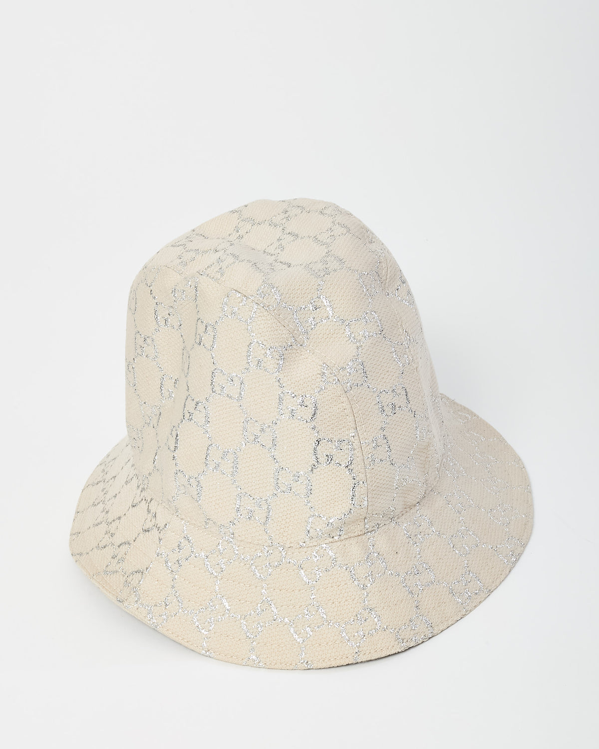 Gucci Neutral Beige Wool Knit Siver Lame GG Monogram Bucket Hat - S