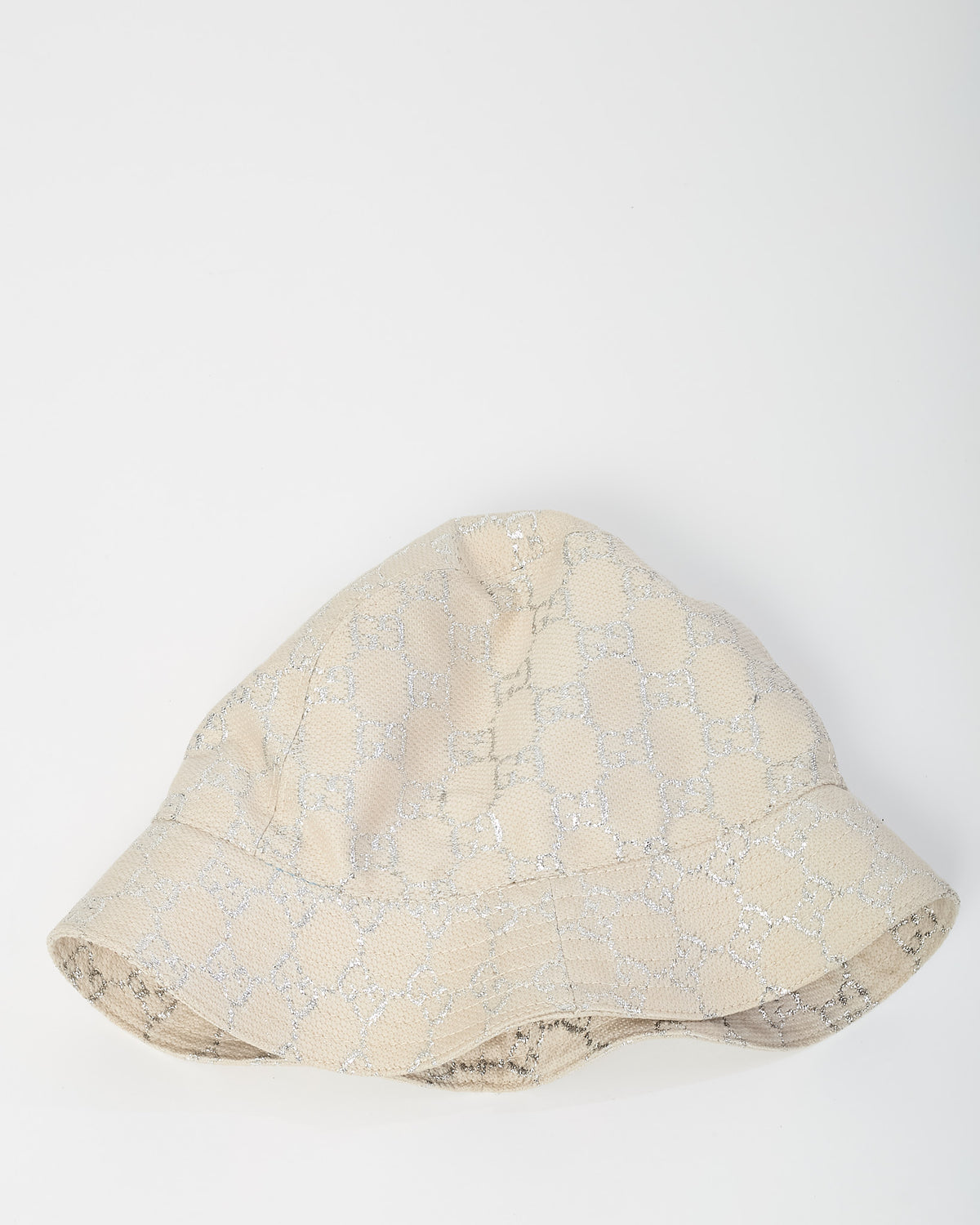 Gucci Neutral Beige Wool Knit Siver Lame GG Monogram Bucket Hat - S