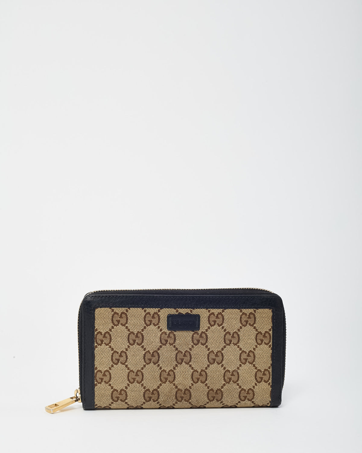 Gucci Black Leather Trim and Beige/Brown GG Monogram Canvas Zippy Wallet