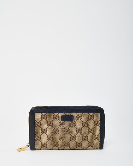 Gucci Black Leather Trim and Beige/Brown GG Monogram Canvas Zippy Wallet