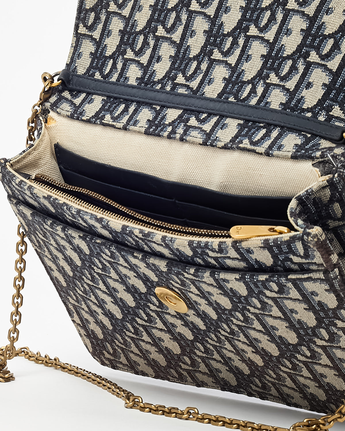Dior Navy Oblique Canvas Medium Saddle Wallet on Chain WOC Crossbody Bag
