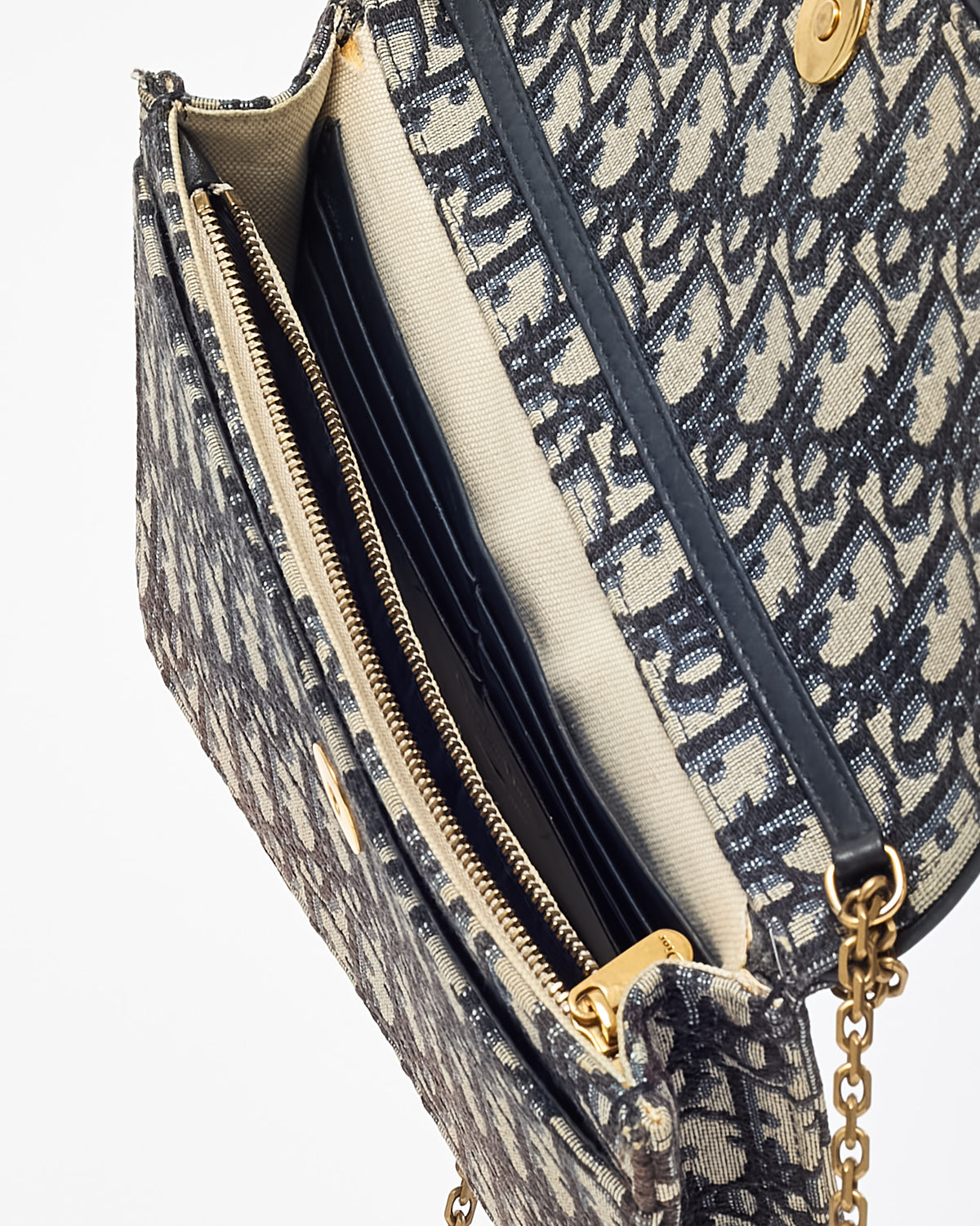 Dior Navy Oblique Canvas Medium Saddle Wallet on Chain WOC Crossbody Bag