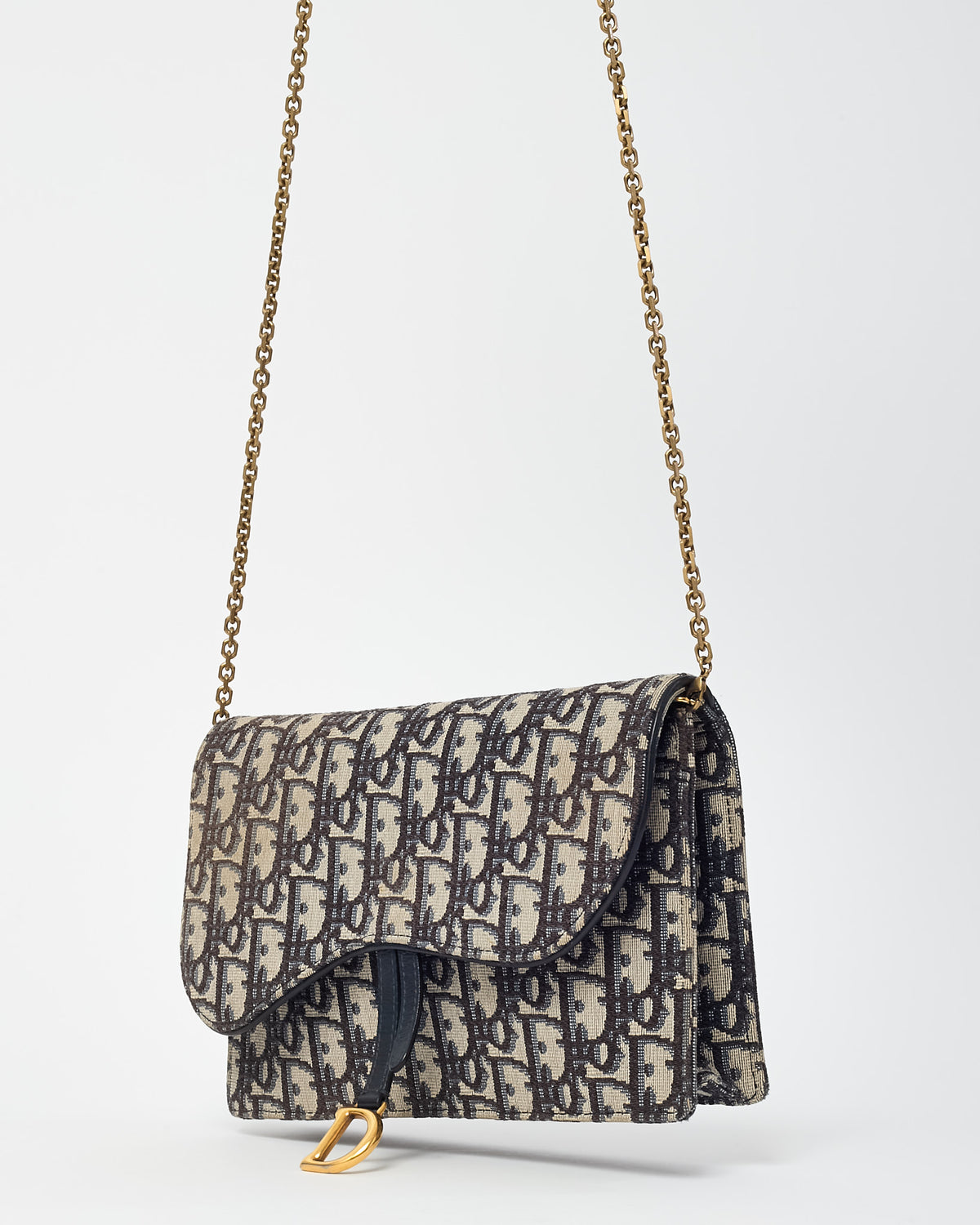 Dior Navy Oblique Canvas Medium Saddle Wallet on Chain WOC Crossbody Bag