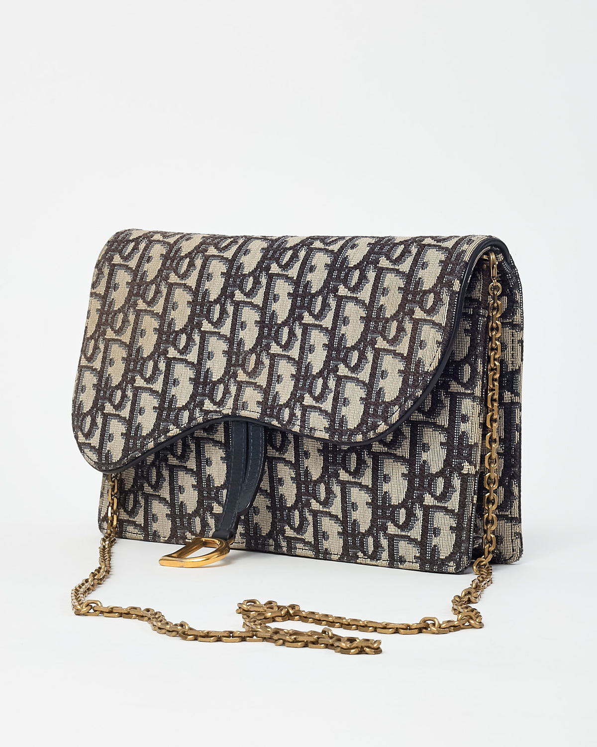 Dior Navy Oblique Canvas Medium Saddle Wallet on Chain WOC Crossbody Bag
