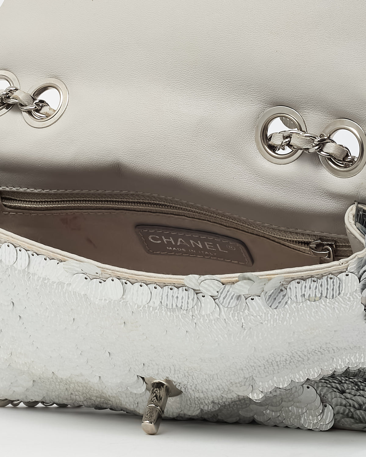 Chanel Silver Sequin Paillette Mini Flap Bag SHW