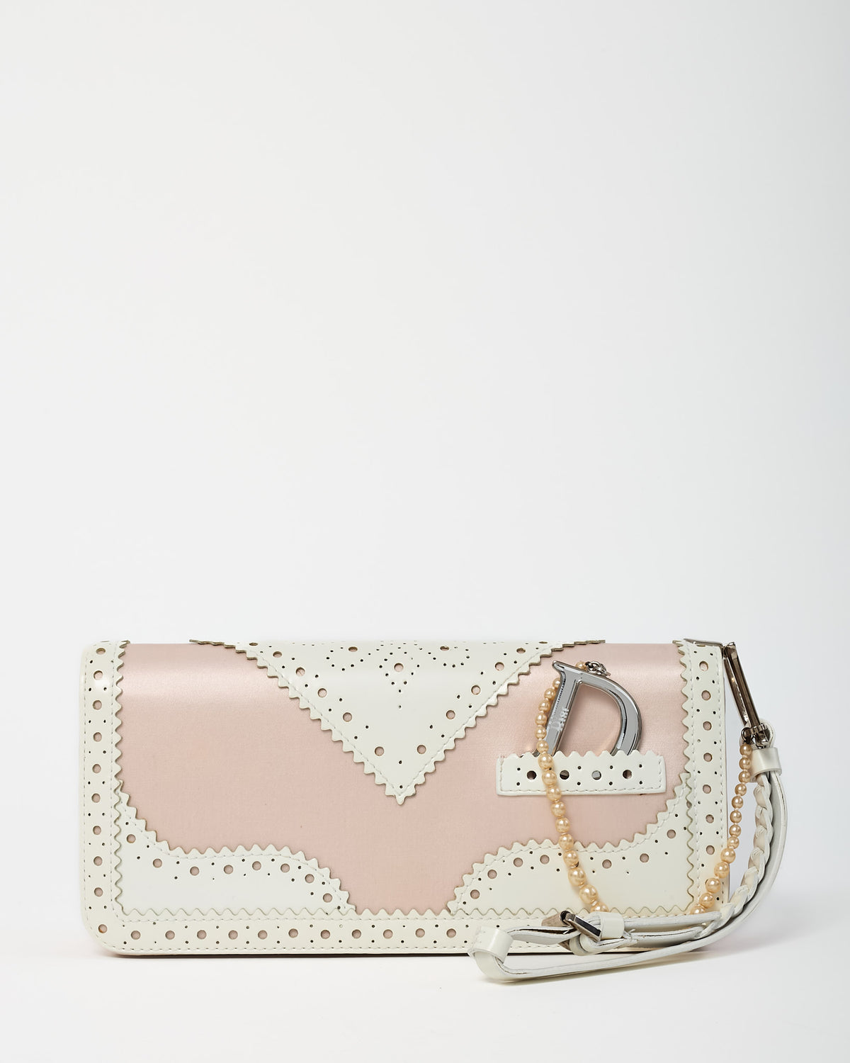Dior Pink Satin and White Patent Leather Pearl Detail D Trick Clutch