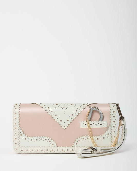Dior Pink Satin and White Patent Leather Pearl Detail D Trick Clutch