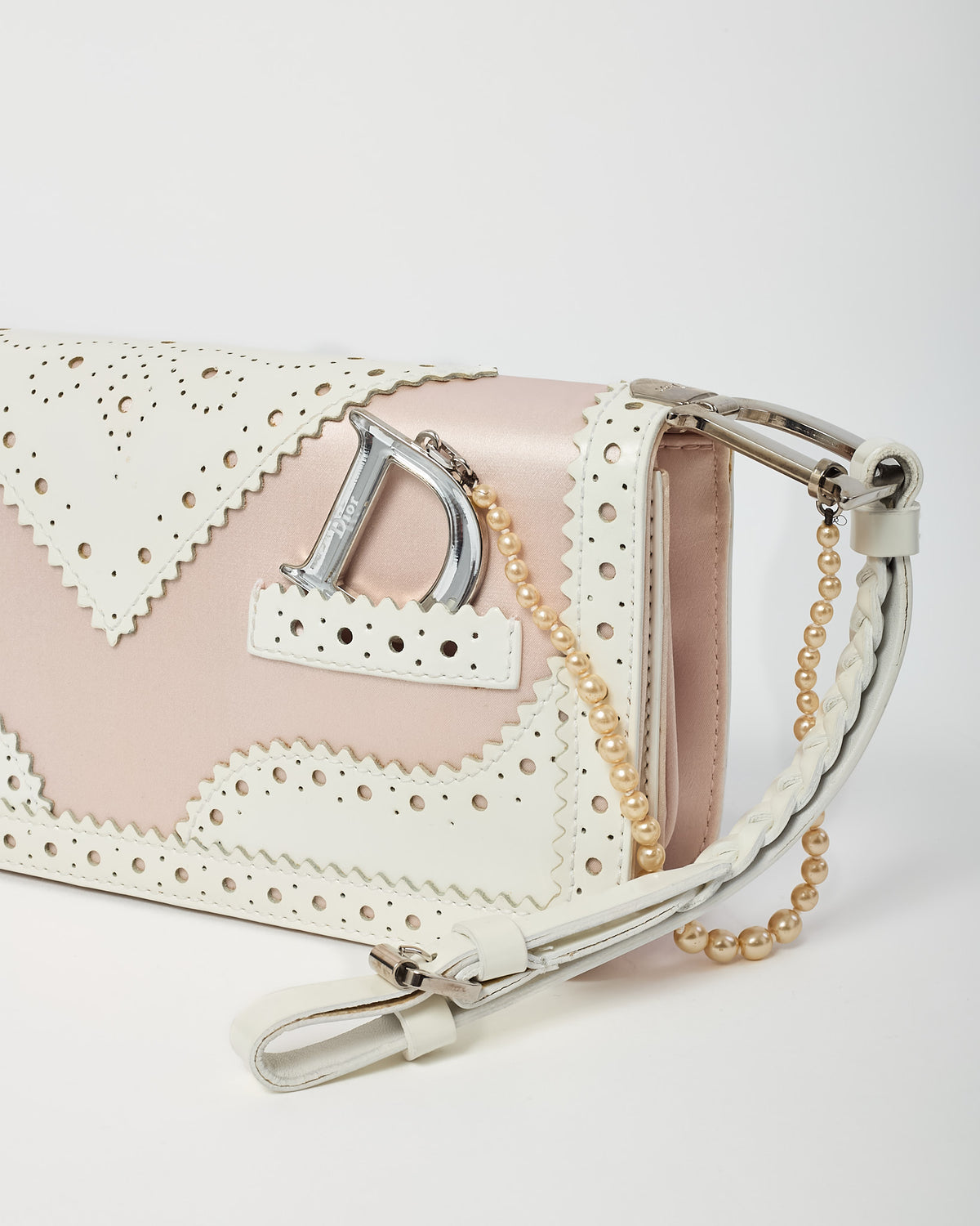 Dior Pink Satin and White Patent Leather Pearl Detail D Trick Clutch