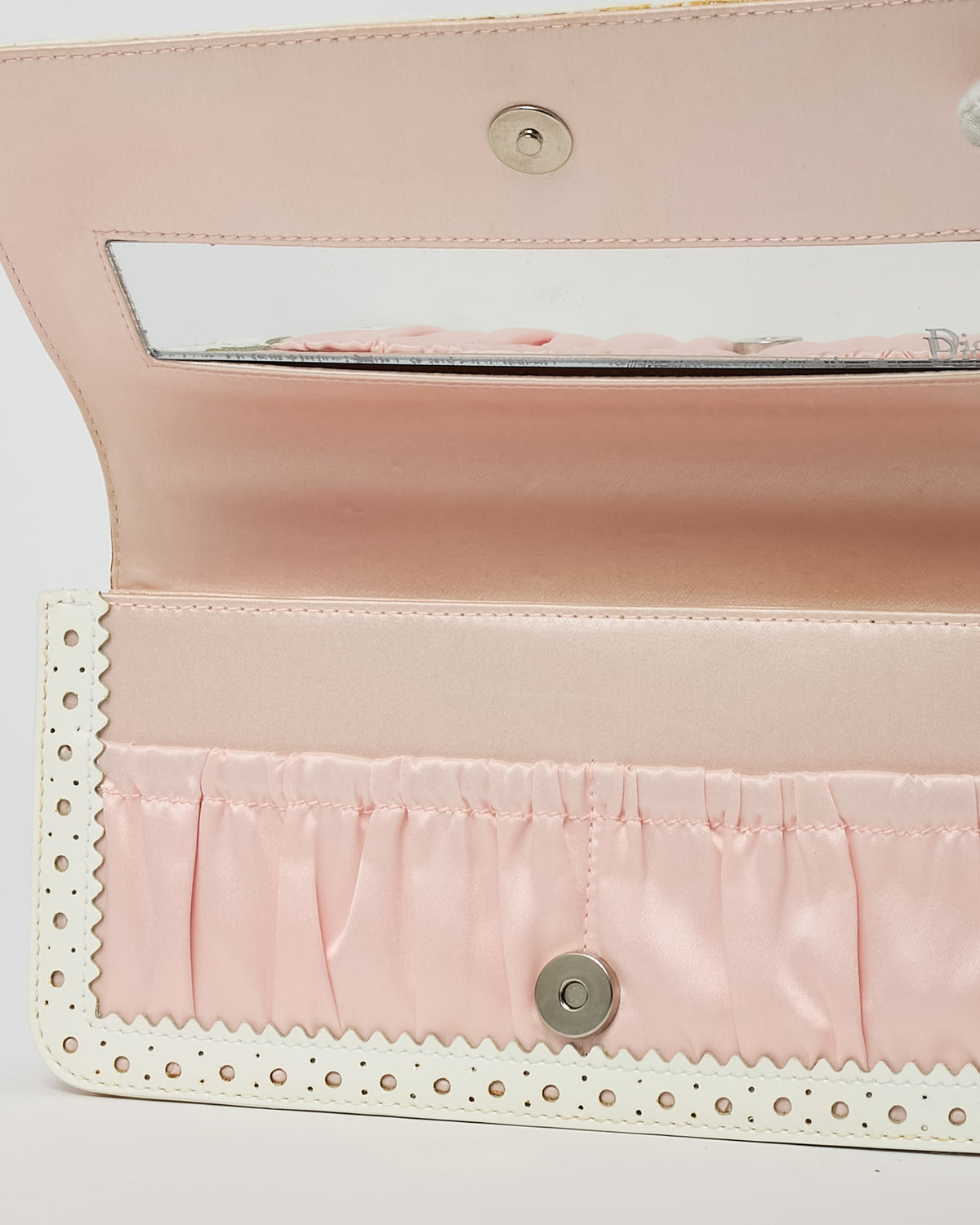 Dior Pink Satin and White Patent Leather Pearl Detail D Trick Clutch