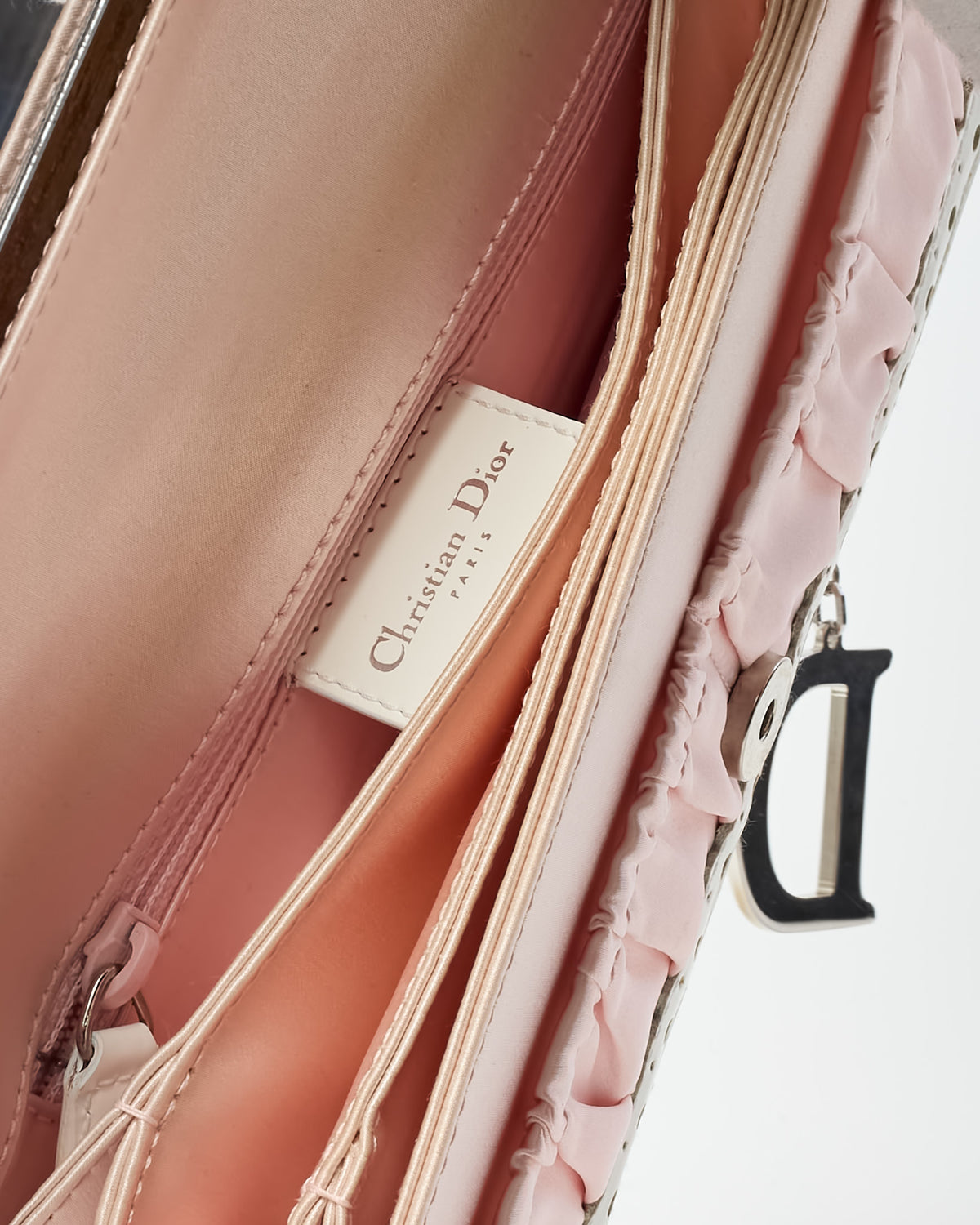 Dior Pink Satin and White Patent Leather Pearl Detail D Trick Clutch