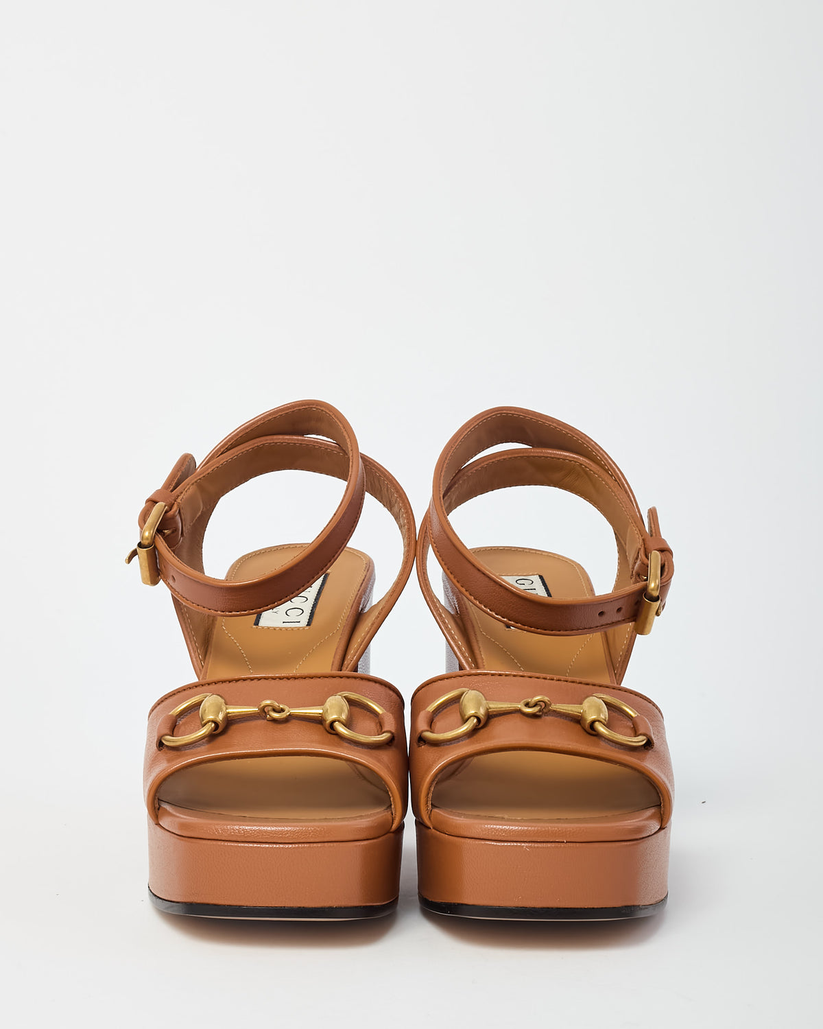 Gucci Tan Calfskin Leather Mid-Block Heel Horsebit Sandals - 36.5