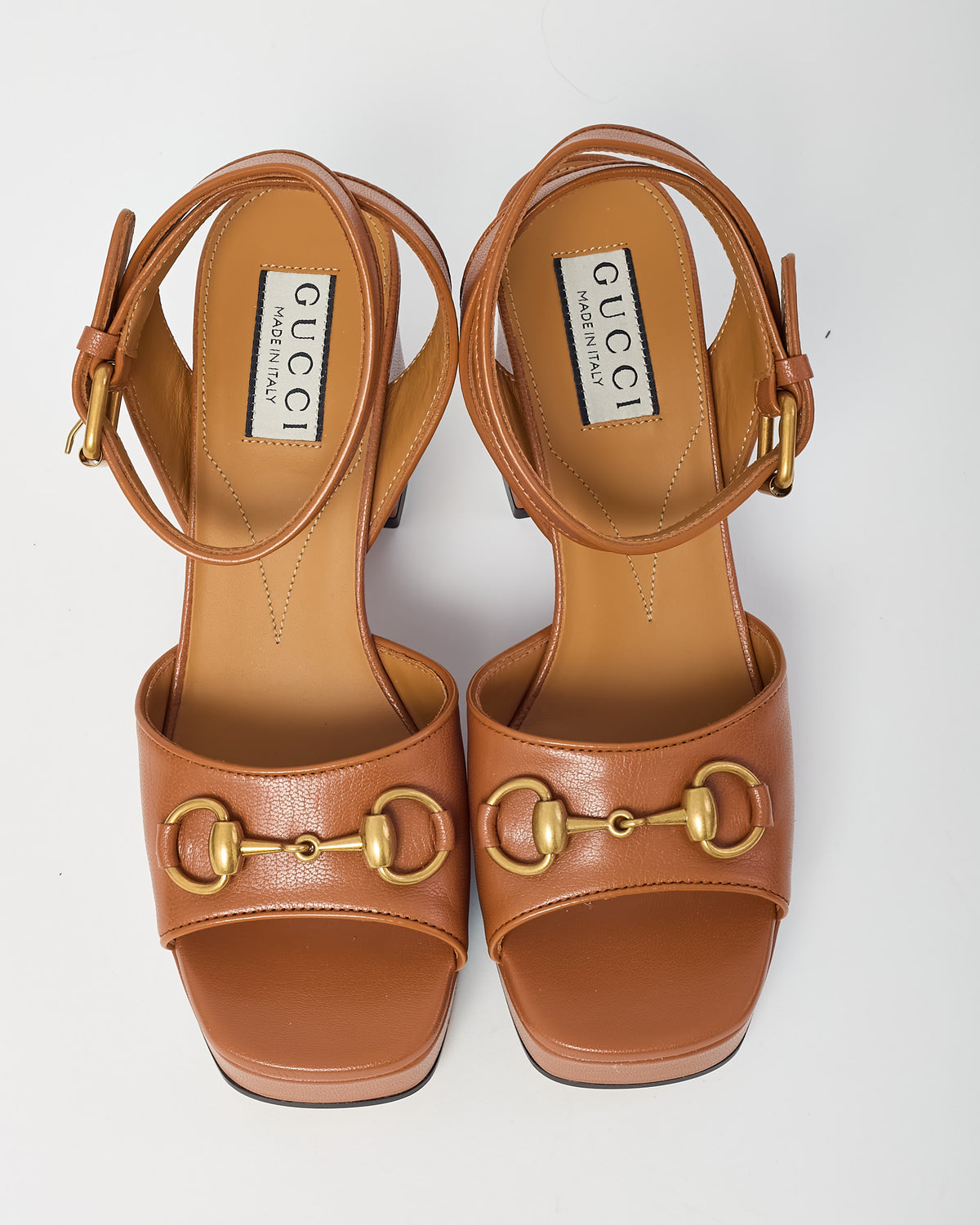 Gucci Tan Calfskin Leather Mid-Block Heel Horsebit Sandals - 36.5