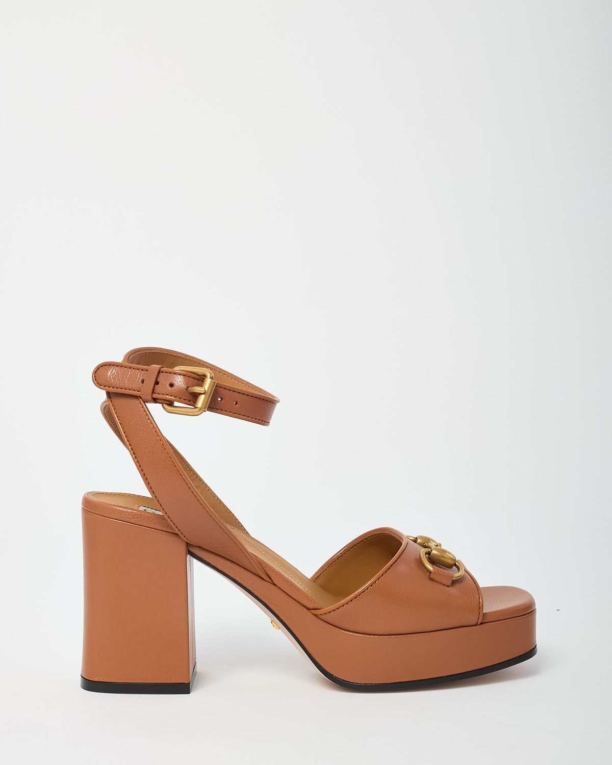 Gucci Tan Calfskin Leather Mid-Block Heel Horsebit Sandals - 36.5