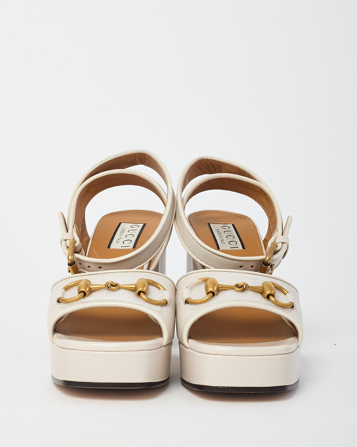 Gucci Mystic White Calfskin Leather Mid-Block Heel Horsebit Sandals - 36.5