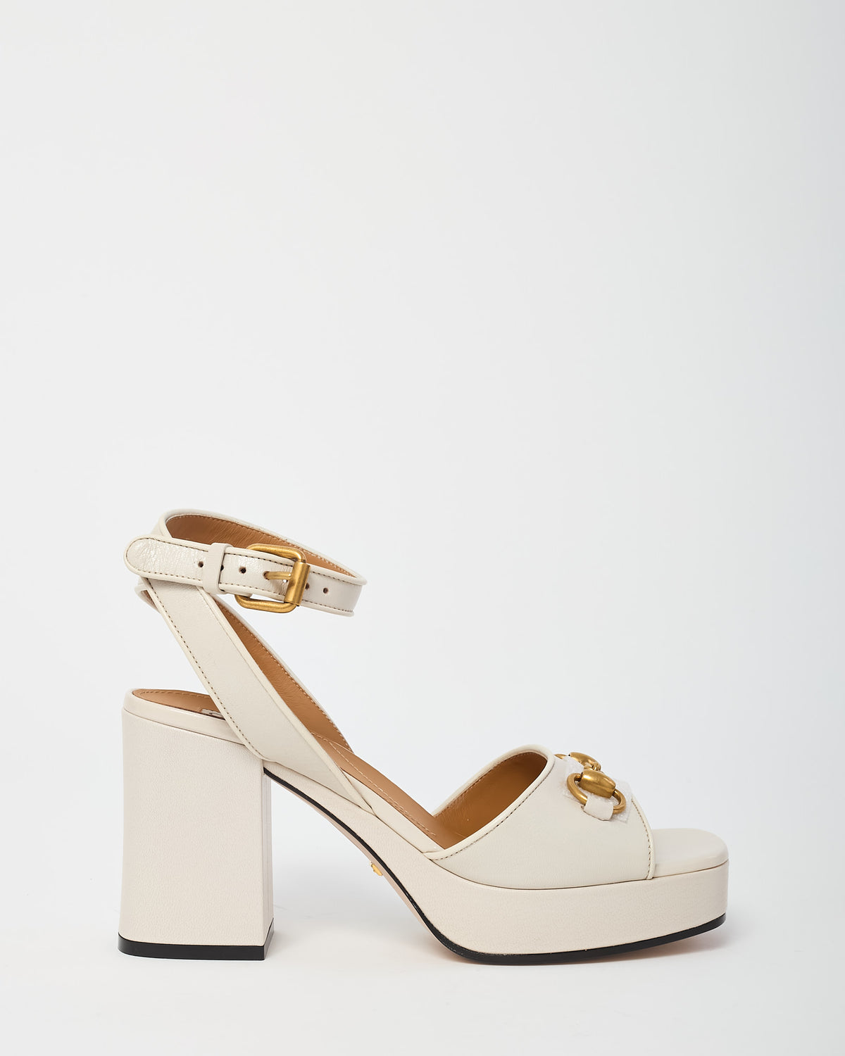 Gucci Mystic White Calfskin Leather Mid-Block Heel Horsebit Sandals - 36.5