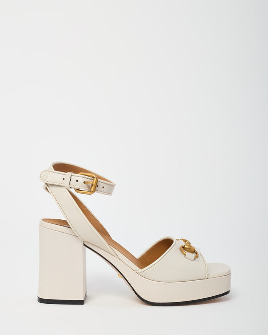 Gucci Mystic White Calfskin Leather Mid-Block Heel Horsebit Sandals - 36.5