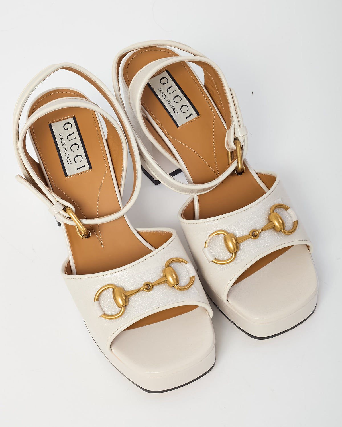 Gucci Mystic White Calfskin Leather Mid-Block Heel Horsebit Sandals - 36.5