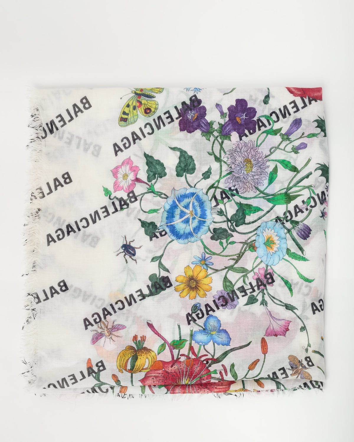 Gucci x Balenciaga The Hacker Project White Flora Cotton/Silk Blend Fringe Shawl Scarf
