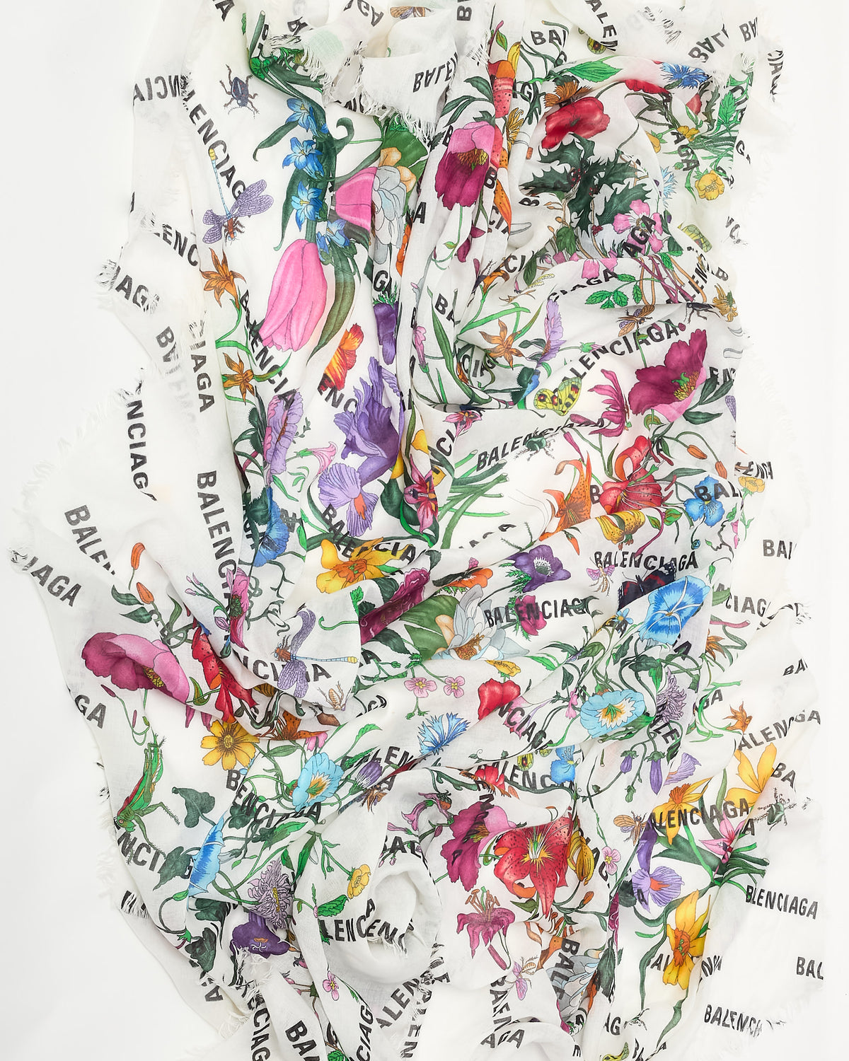 Gucci x Balenciaga The Hacker Project White Flora Cotton/Silk Blend Fringe Shawl Scarf