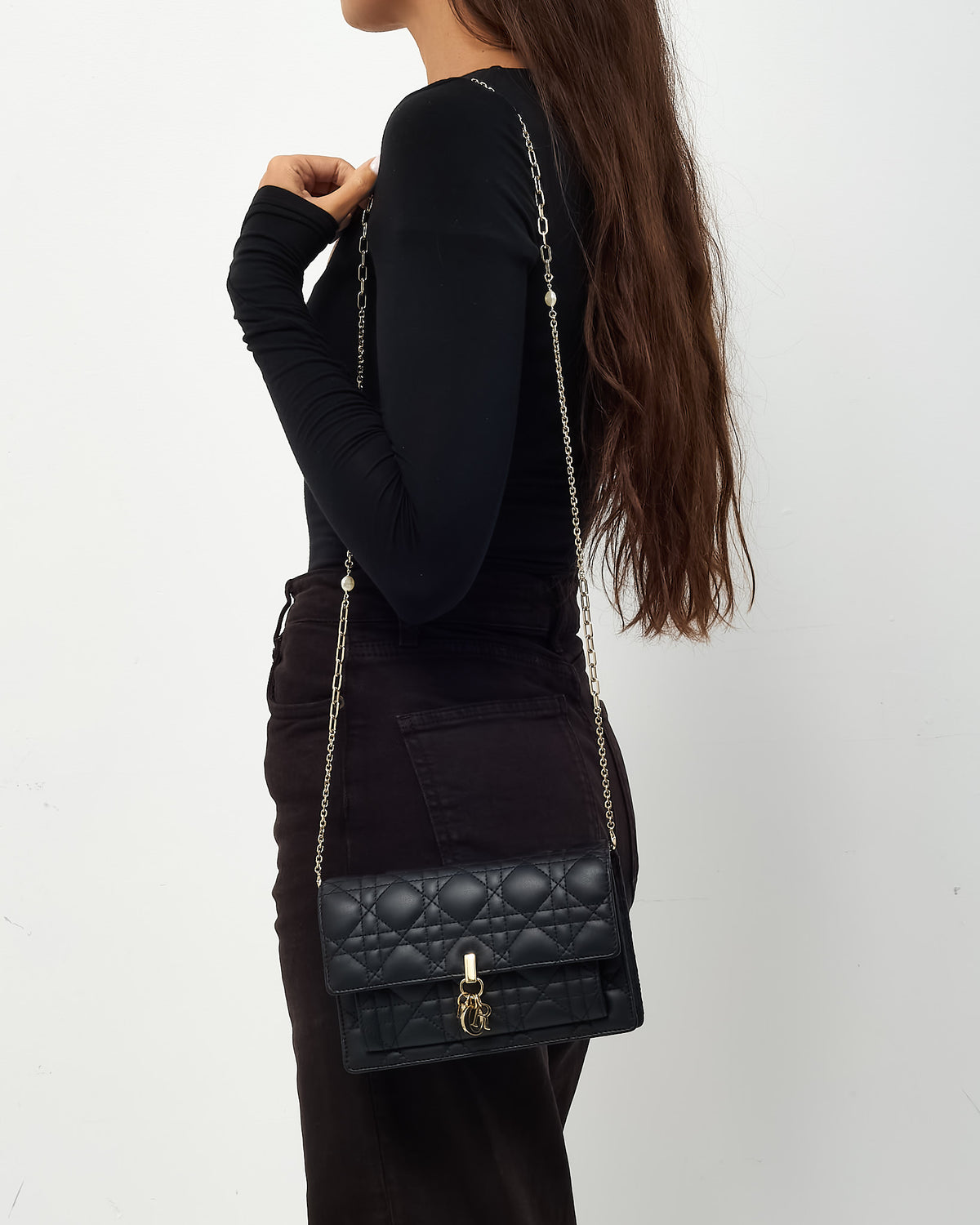 Dior Black Cannage Lambskin Leather My Dior Daily Pouch with Chain Crossbody Bag