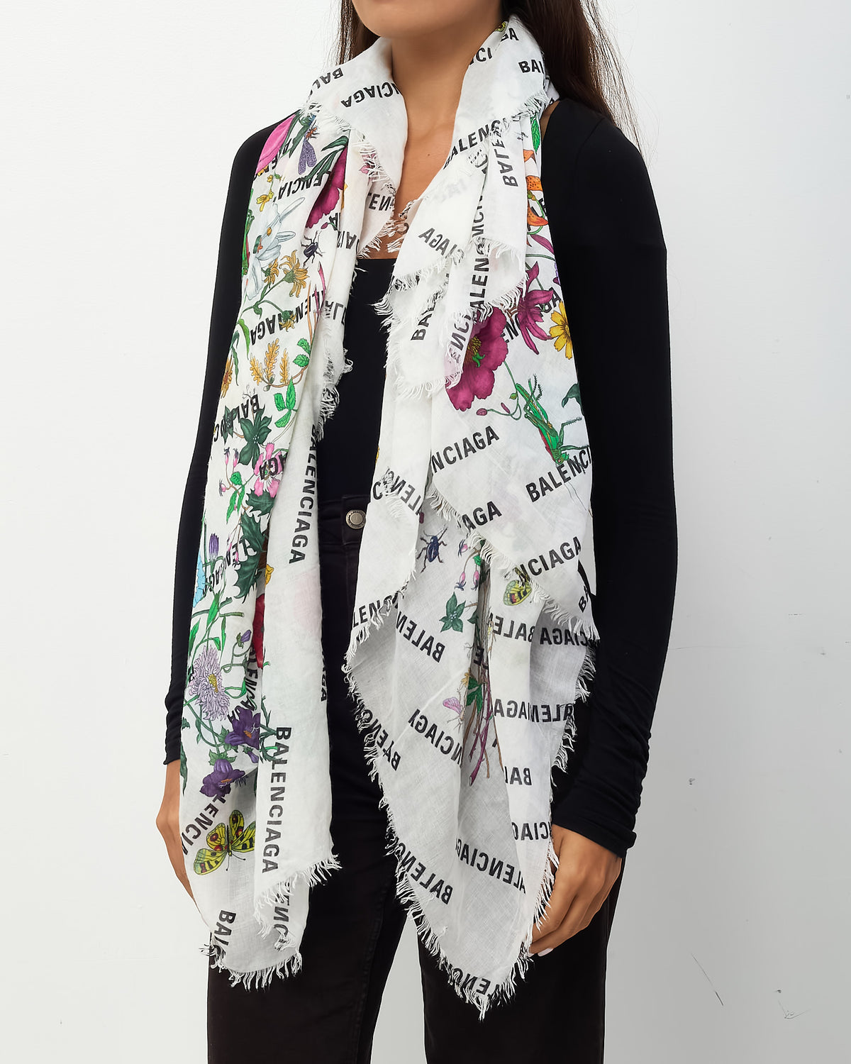 Gucci x Balenciaga The Hacker Project White Flora Cotton/Silk Blend Fringe Shawl Scarf