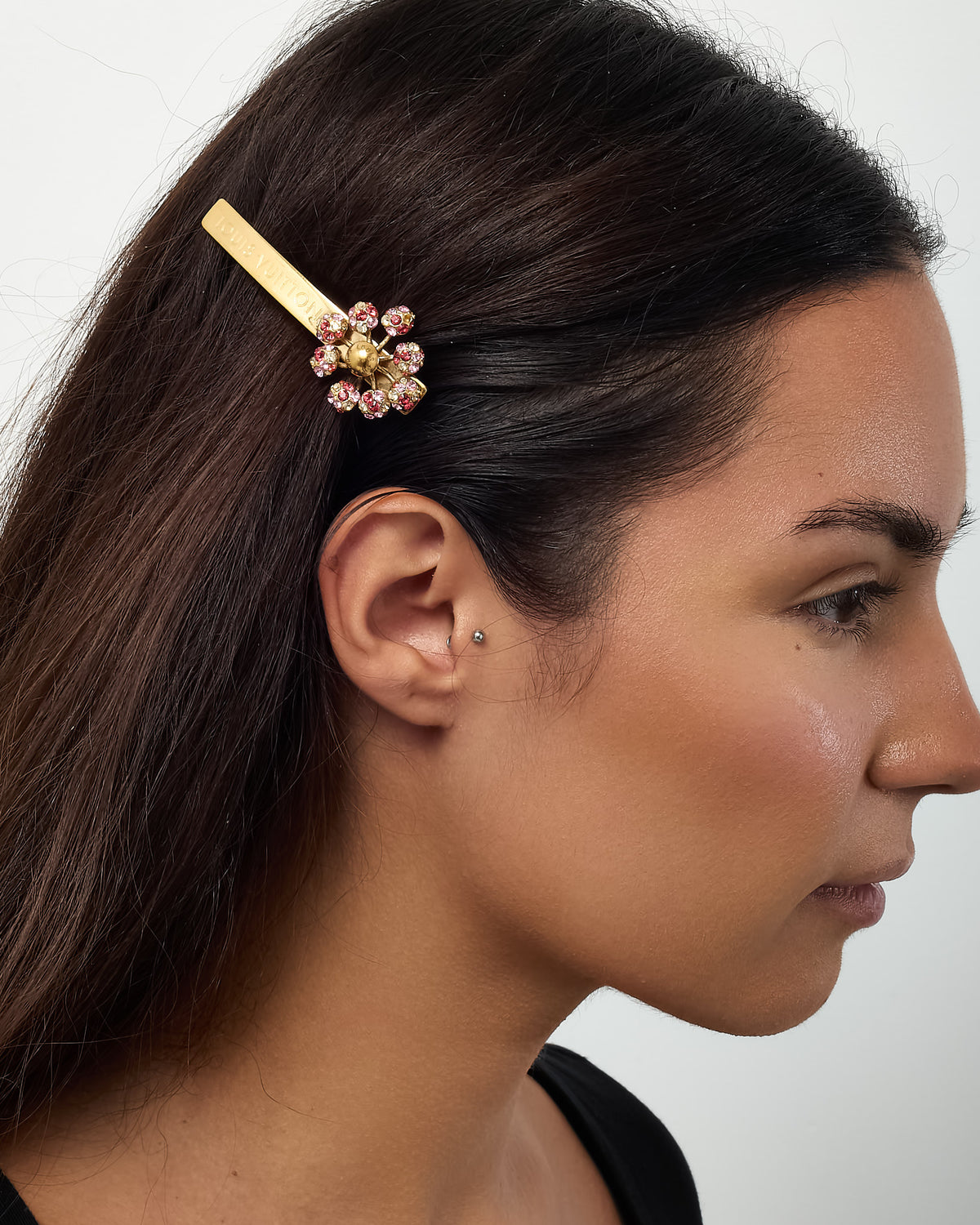 Louis Vuitton Gold Metal & Red/Pink Swarovski Crystal Flower Hair Clip