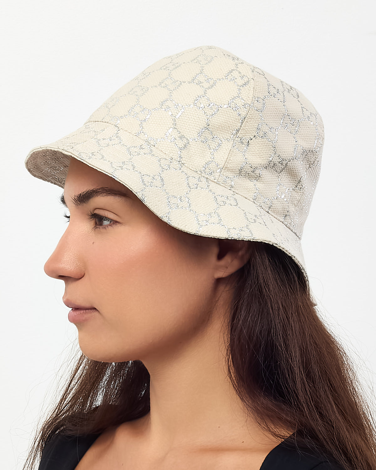 Gucci Neutral Beige Wool Knit Siver Lame GG Monogram Bucket Hat - S
