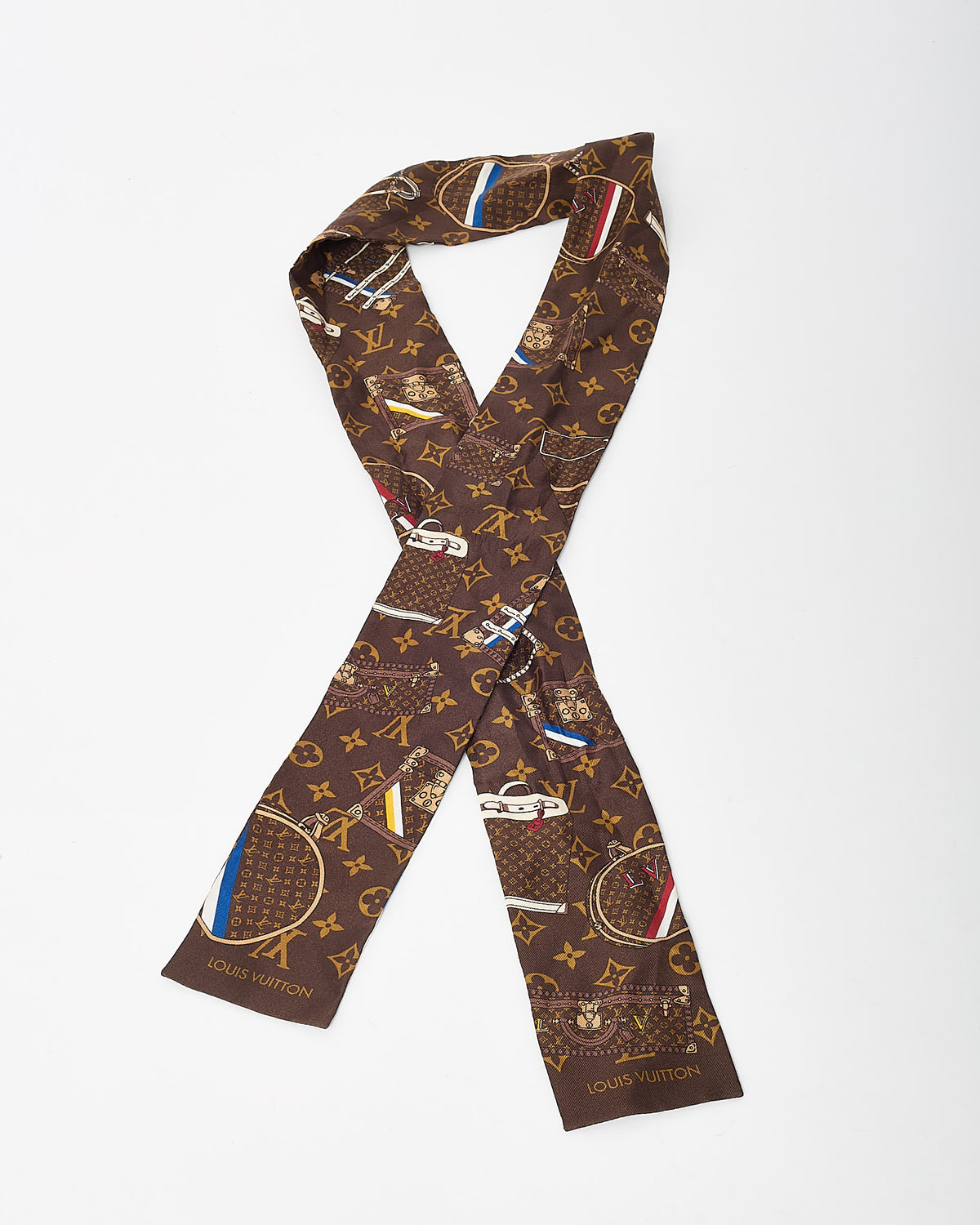 Louis Vuitton Brown Monogram Trunks Marron Silk Bandeau Twilly Scarf