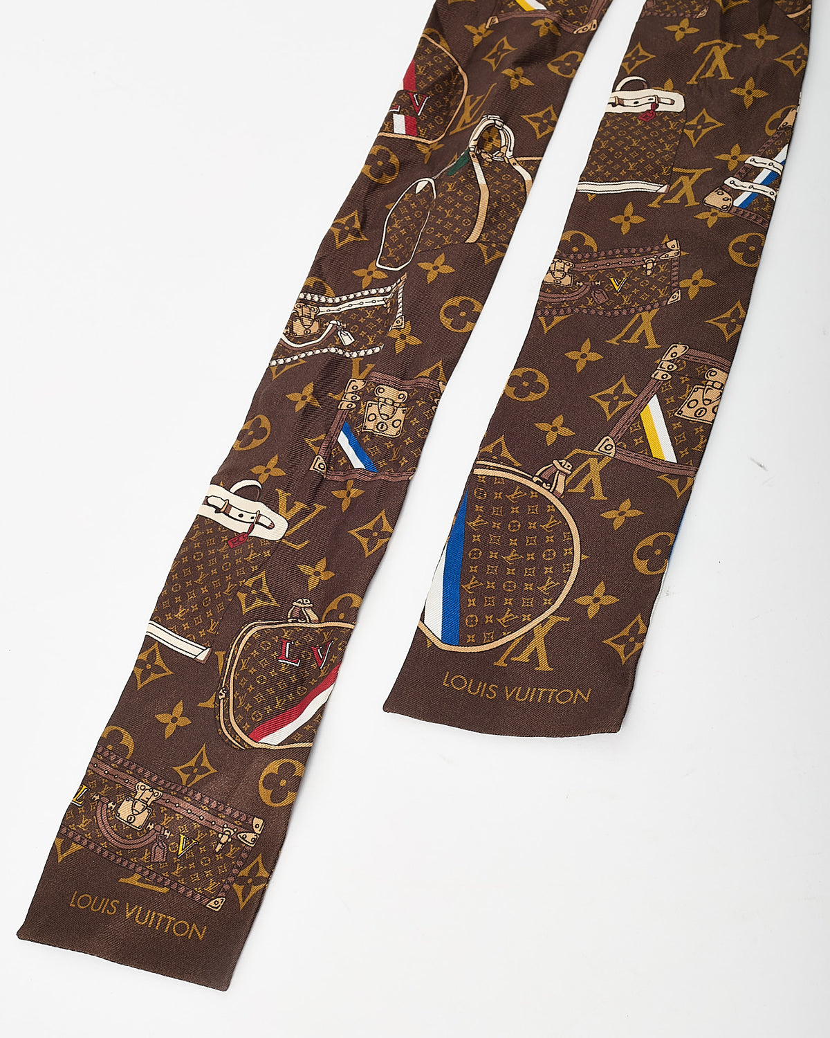 Louis Vuitton Brown Monogram Trunks Marron Silk Bandeau Twilly Scarf