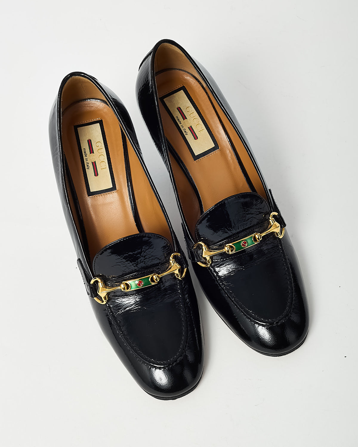 Gucci Black Patent Leather Gold Horsebit Web Accent Loafer Pumps - 37.5