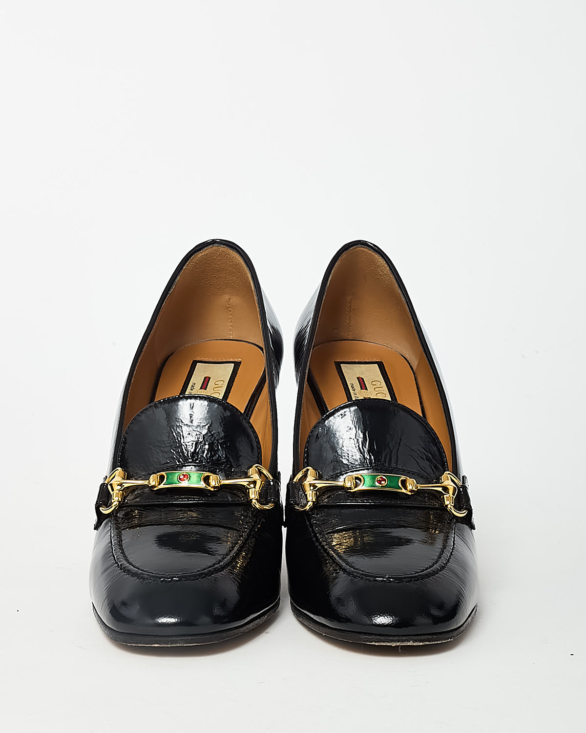 Gucci Black Patent Leather Gold Horsebit Web Accent Loafer Pumps - 37.5