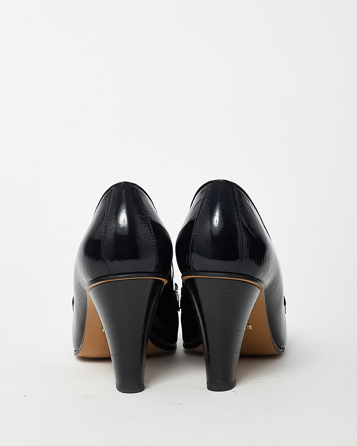 Gucci Black Patent Leather Gold Horsebit Web Accent Loafer Pumps - 37.5