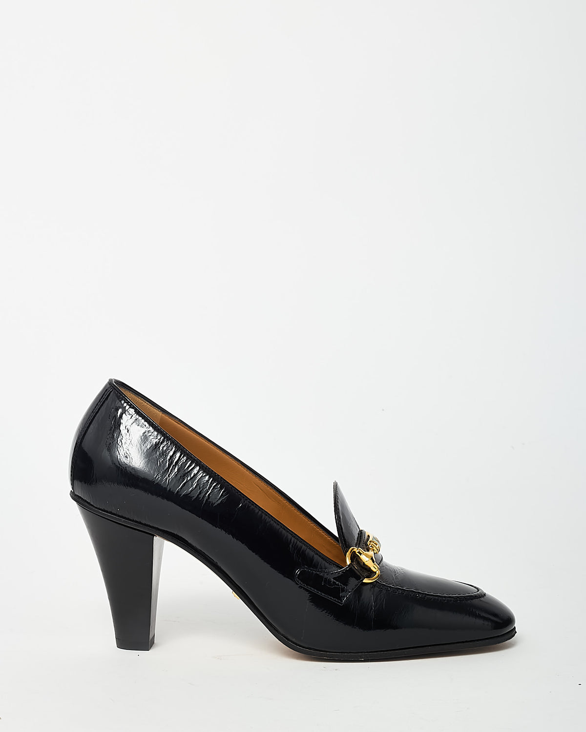 Gucci Black Patent Leather Gold Horsebit Web Accent Loafer Pumps - 37.5