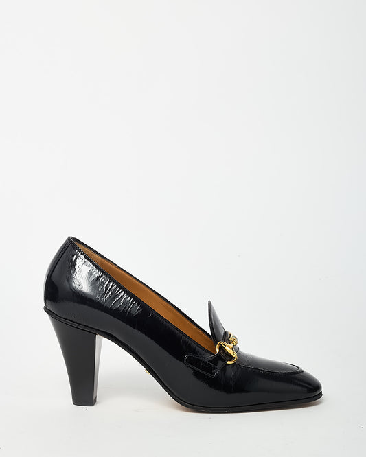 Gucci Black Patent Leather Gold Horsebit Web Accent Loafer Pumps - 37.5
