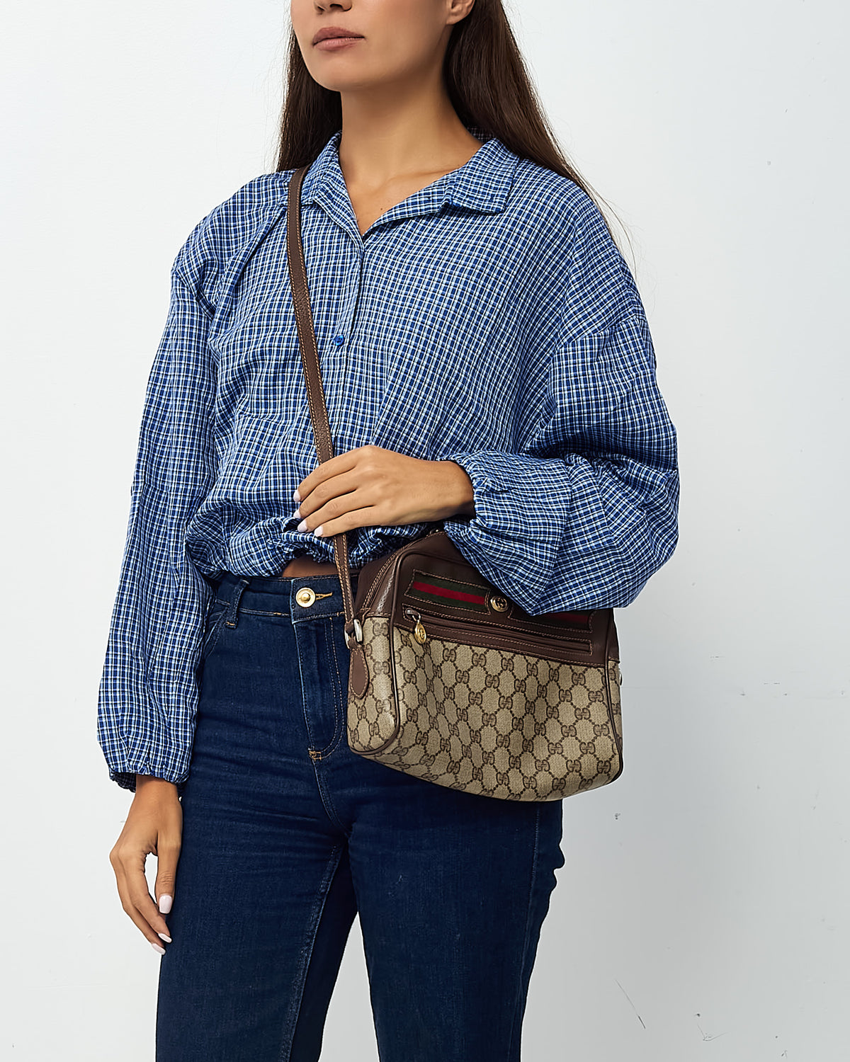 Gucci Vintage Beige and Brown GG Supreme Monogram Canvas Sherry Line Crossbody Camera Bag