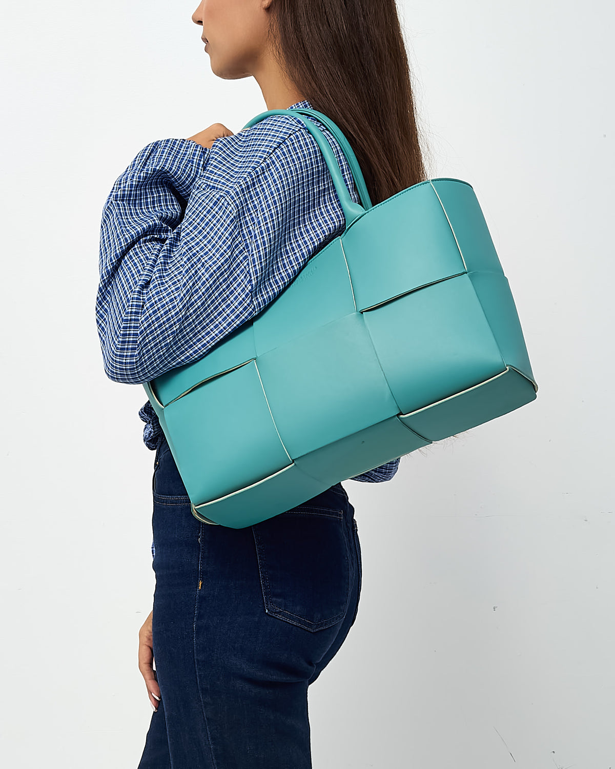Bottega Veneta Blue Maxi Intrecciato Leather Medium Arco Tote