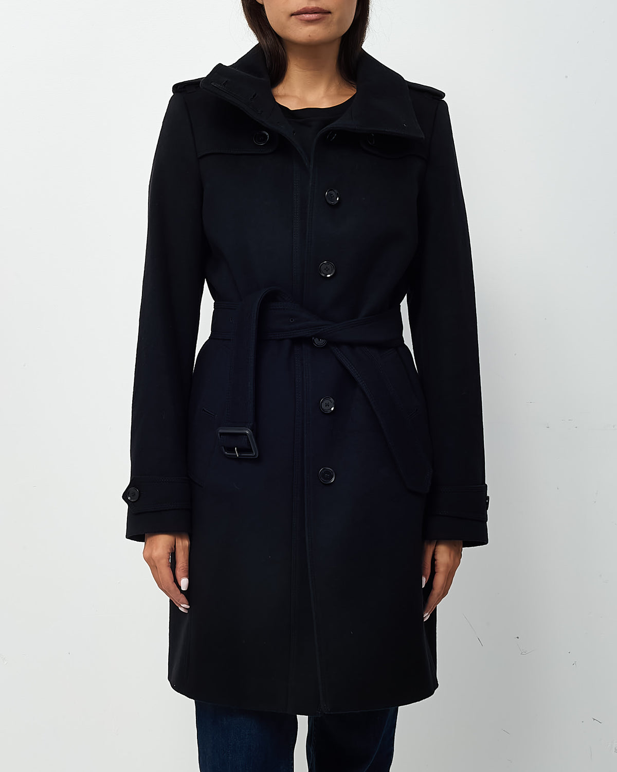 Burberry Black Wool and Cashmere Gibbsmoore Single Breasted Belted Full-Length Coat - US 6