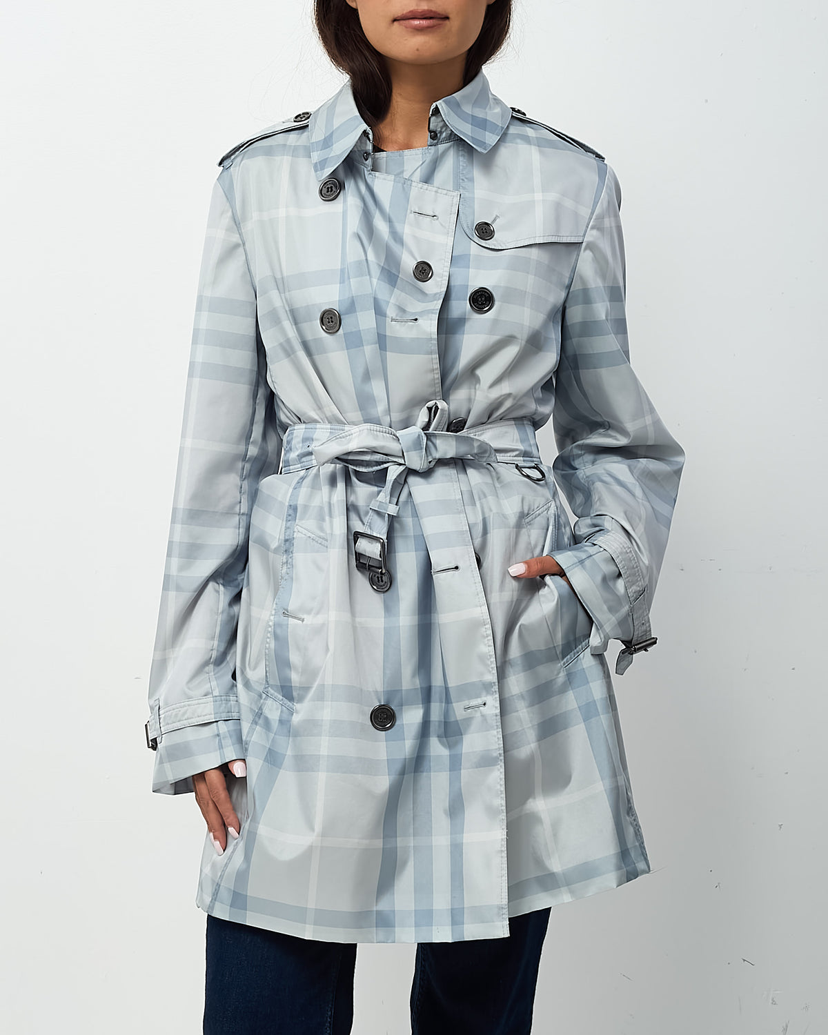 Burberry Blue Nova Check Double Breasted Belted Nylon Trench Coat - US 12