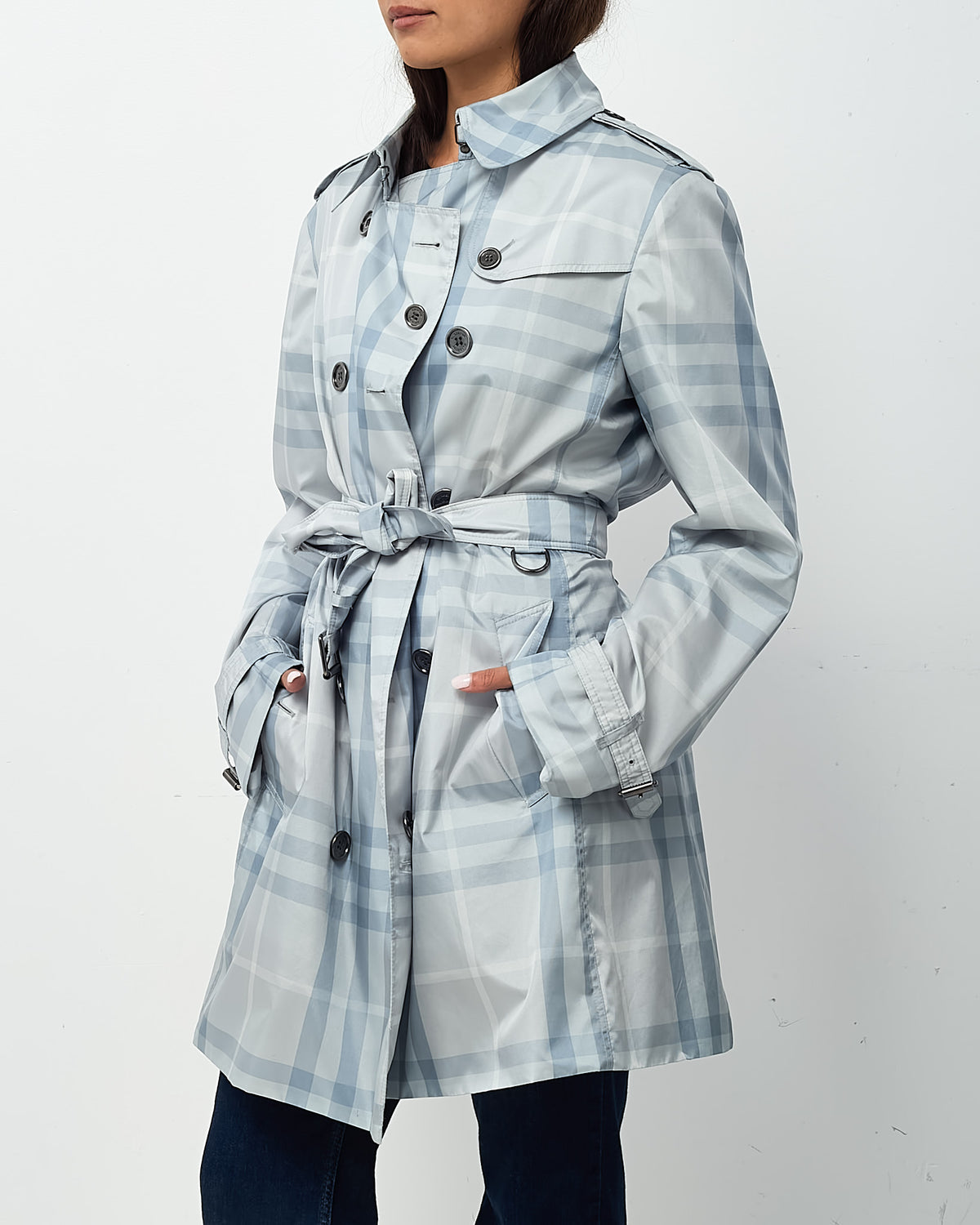 Burberry Blue Nova Check Double Breasted Belted Nylon Trench Coat - US 12